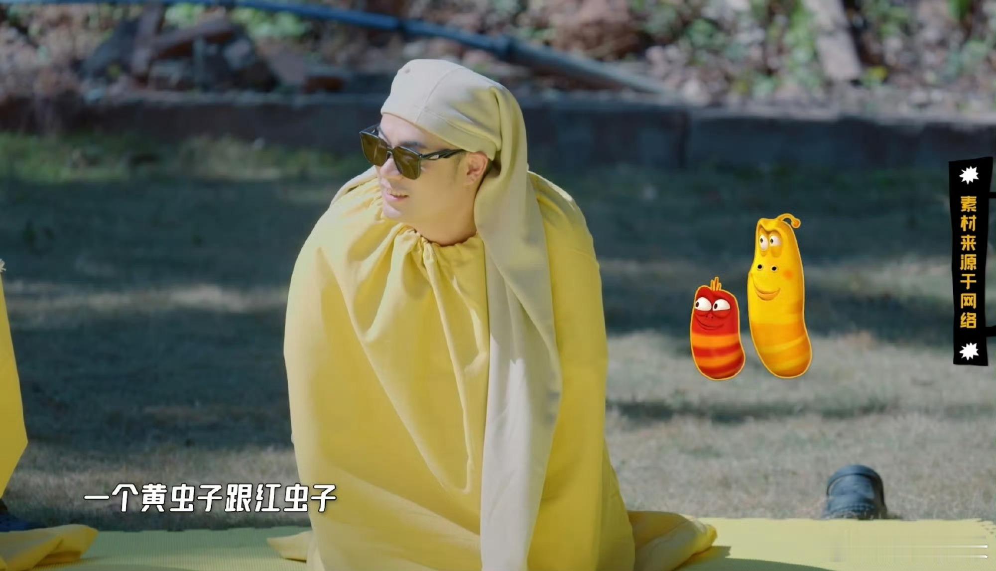 鹿晗说陈赫撞脸爆笑虫子鹿晗也太会形容了！游戏里陈赫裹着黄色麻袋在地上挪动，被鹿晗