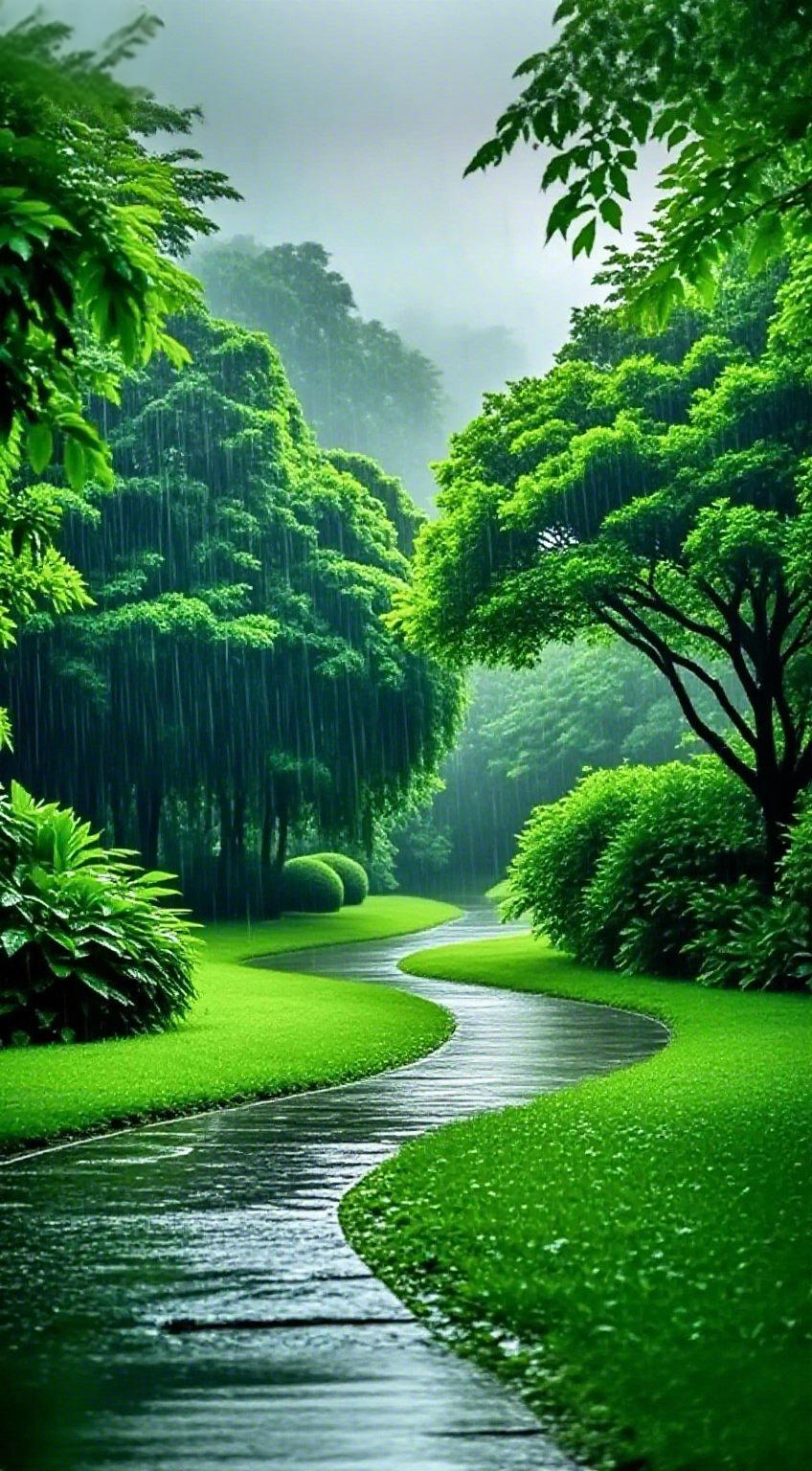 雨润林间满径清雨丝细密地织进整片林海，把周遭的喧嚣都悄悄消解在湿润的风里。