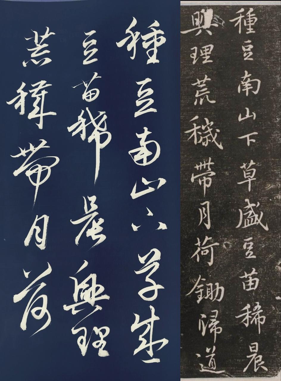 右边的是苏轼的行书，写的是陶渊明的经典田园诗词，归园田居其三，左边的字是我写的