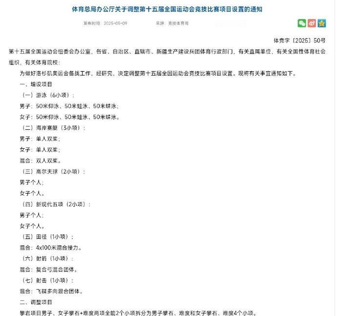 2025大湾区全运会项目变更一、增设项目（一）游泳（6小项）：男子：50米仰泳、