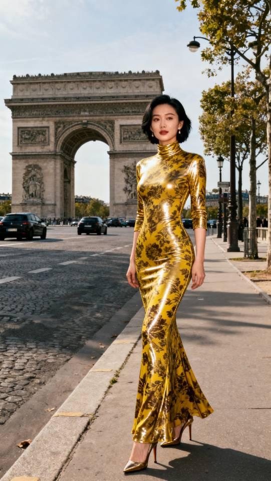 身穿金色连衣长裙的女子法国巴黎留影。连衣裙旗袍