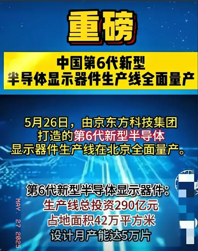 5月26日，京东方昨天刚官宣的第6代新型半导体显示器件生产线全面量产，直接把中国