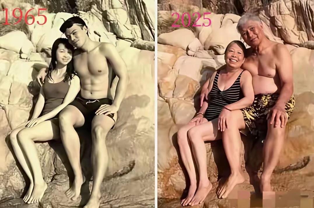 这是一对夫妻相隔50年，在同一地点穿相似服装拍的两张合影照。一对夫妻能经过50