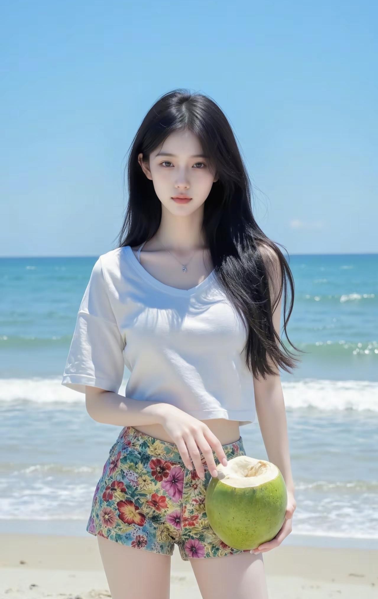 海风裹着咸湿的气息漫过脚踝，白T衫兜满夏意，碎花短裤沾了点海浪的热闹。捧颗清甜的