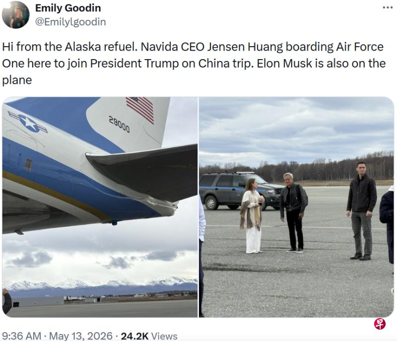 特朗普发文称，伟大的黄仁勋现在就在空军一号上。12日午夜，在空军一号上的特朗普