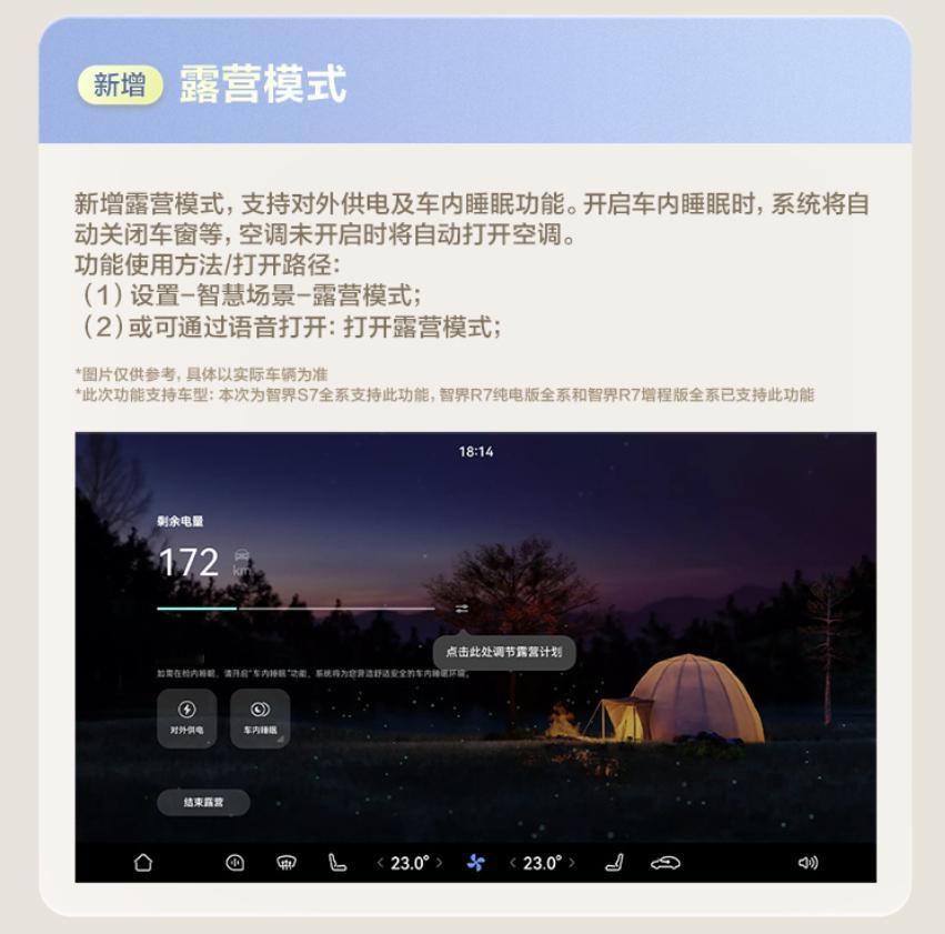 哟！智界又推OTA了，看了一下，最打动我的有两个一个是新增露营模式，主要是这里面