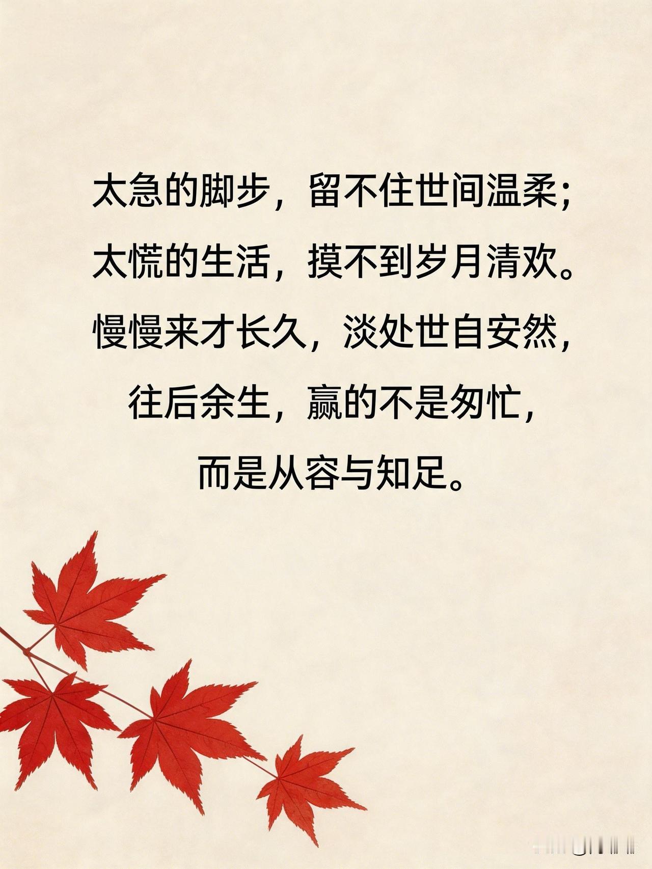 太急的脚步，留不住世间温柔，太慌的生活，摸不到岁月清欢。慢慢来才长久，淡处世自安
