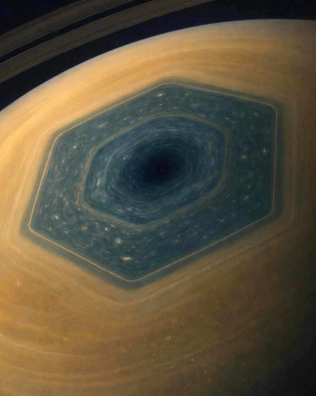 ‼️一个巨大的、宽达30,000公里的六边形风暴冠冕笼罩在土星的北极，每10小