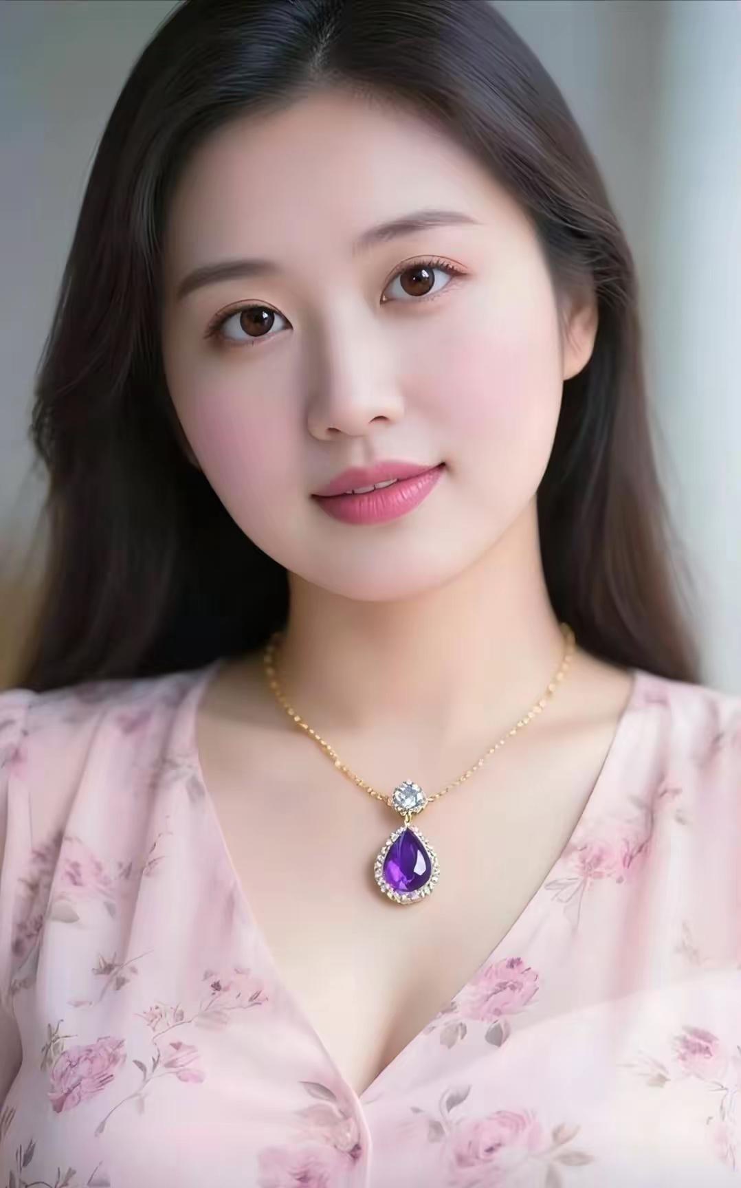 清纯的栀子花浅粉碎花裙是春日裁下的云朵，裹着温柔气韵轻轻覆在身畔。紫水晶吊坠如