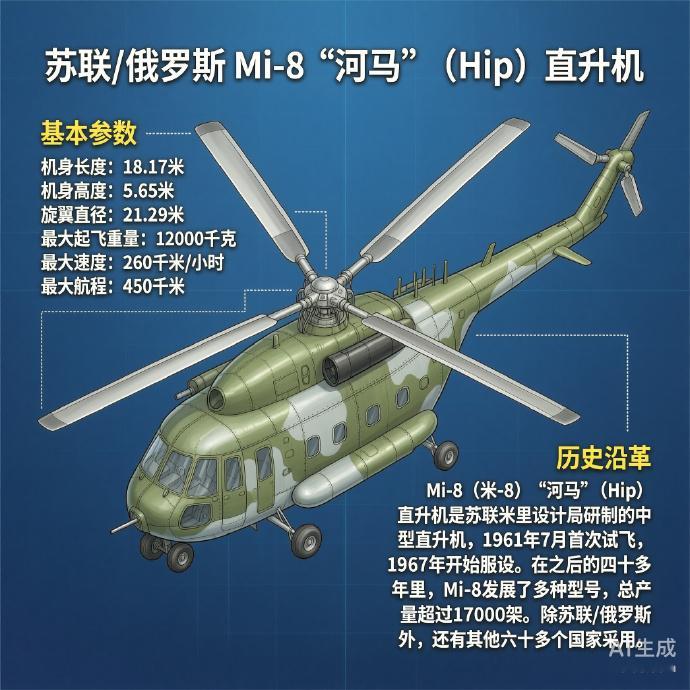 军事ai新视野苏联/俄罗斯Mi-8“河马”直升机机身长度：18.17米机身高