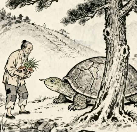 古时候男子上山砍柴，发现一只磨盘大的老龟趴在一颗树下，背上还开裂流血，男子不忍心
