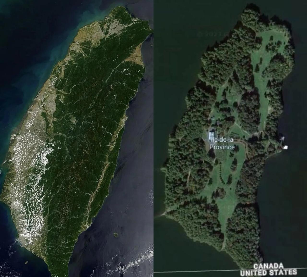 左边是我国的台湾岛，右边是美国和加拿大边界的普罗文斯岛，这这两座岛长得还挺像的！
