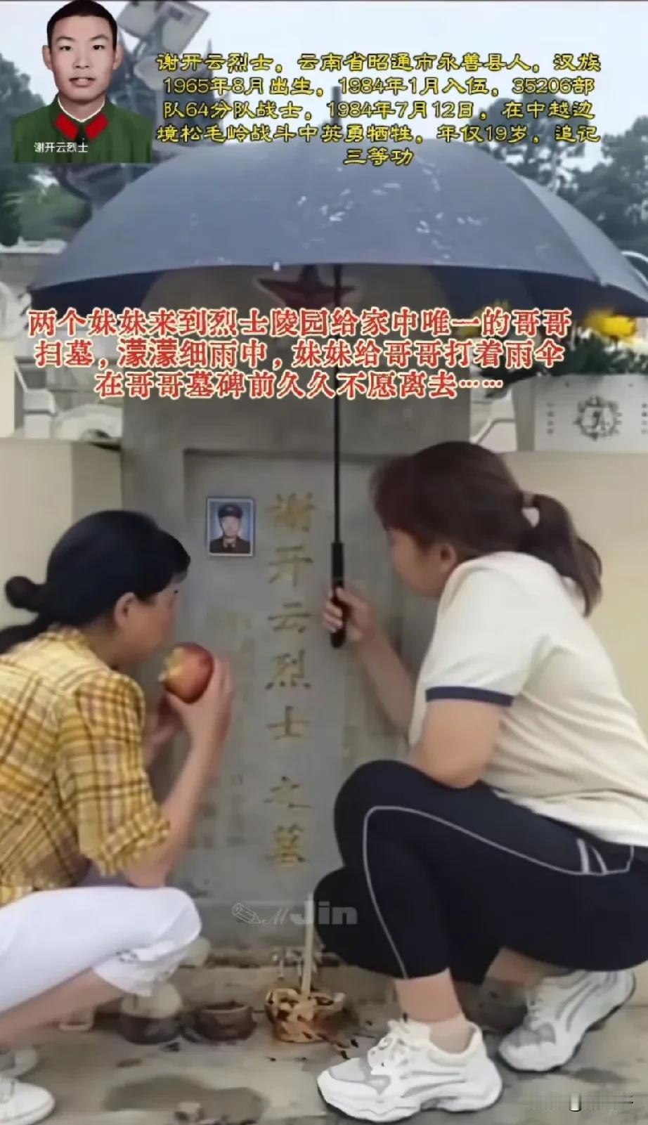 烈士陵园里，总有令人动容之处。谢开云烈士的两位妹妹，撑着伞蹲在哥哥墓前，凝视着