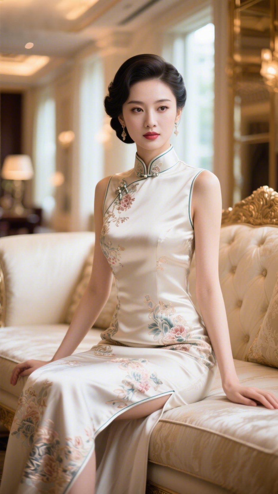 旗袍里的静雅暖光轻覆沙发时，她着素色旗袍静坐，缎面裹着一身温润的雅。领口盘