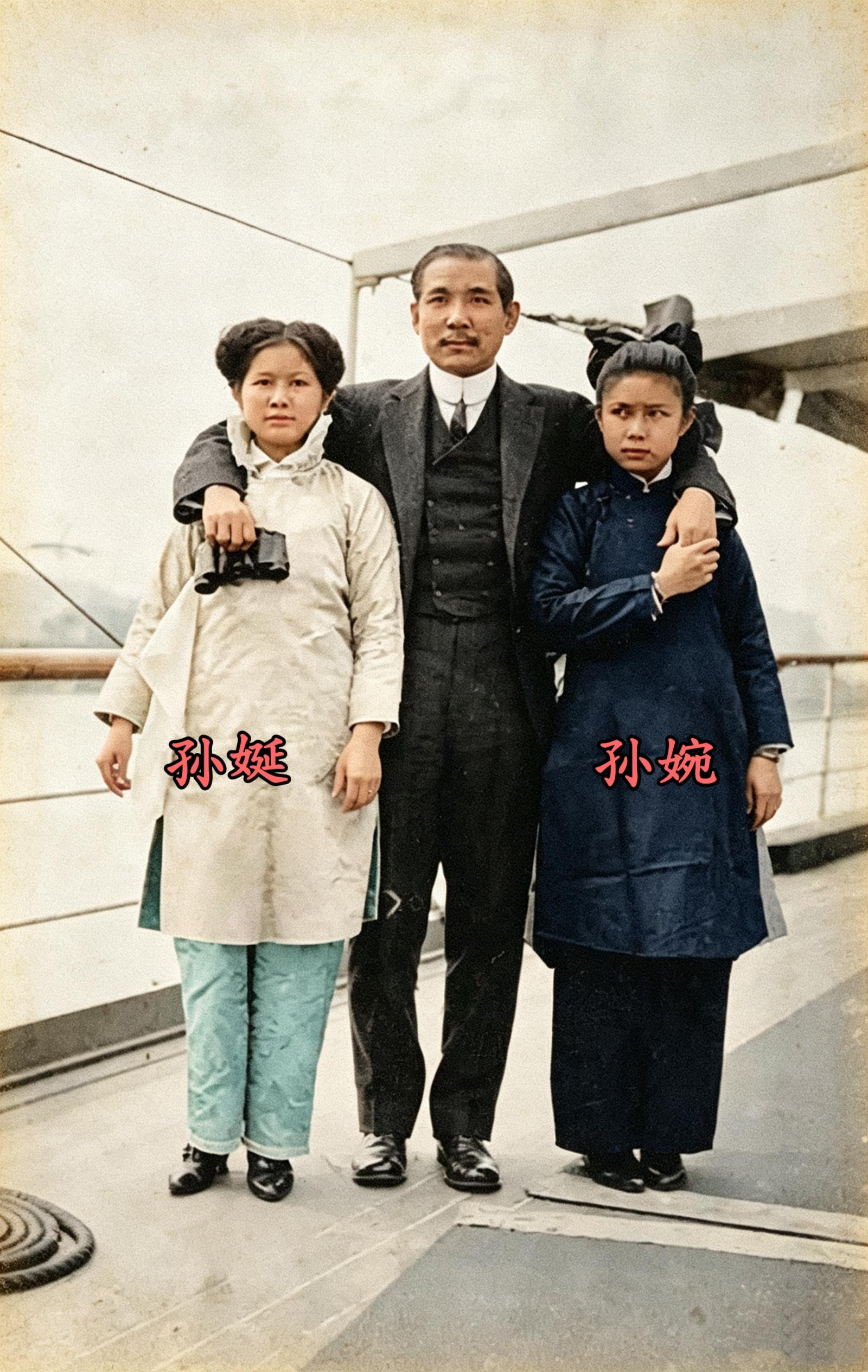 1913年，孙中山在轮船甲板上与长女孙娫、次女孙婉的一张留影，照片中的...