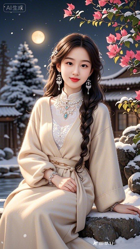 冬日仙境中的古典美人，雪地里的优雅与美丽。