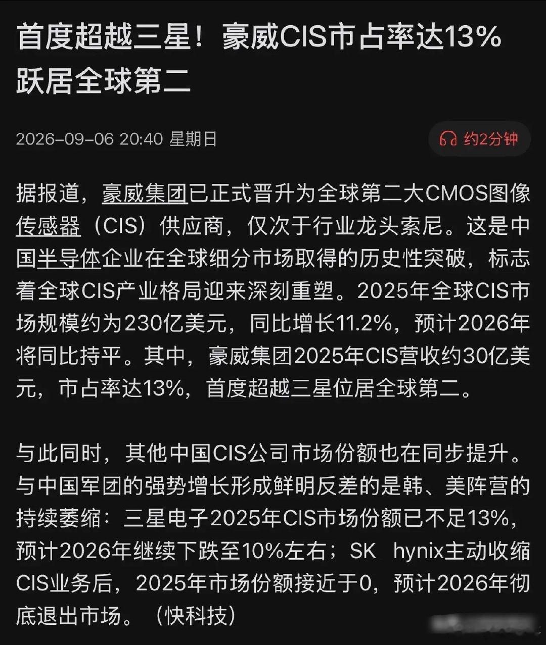超越三星，豪威逆袭登顶全球第二！打破日韩垄断，国产CIS军团集体崛起！9月6日，