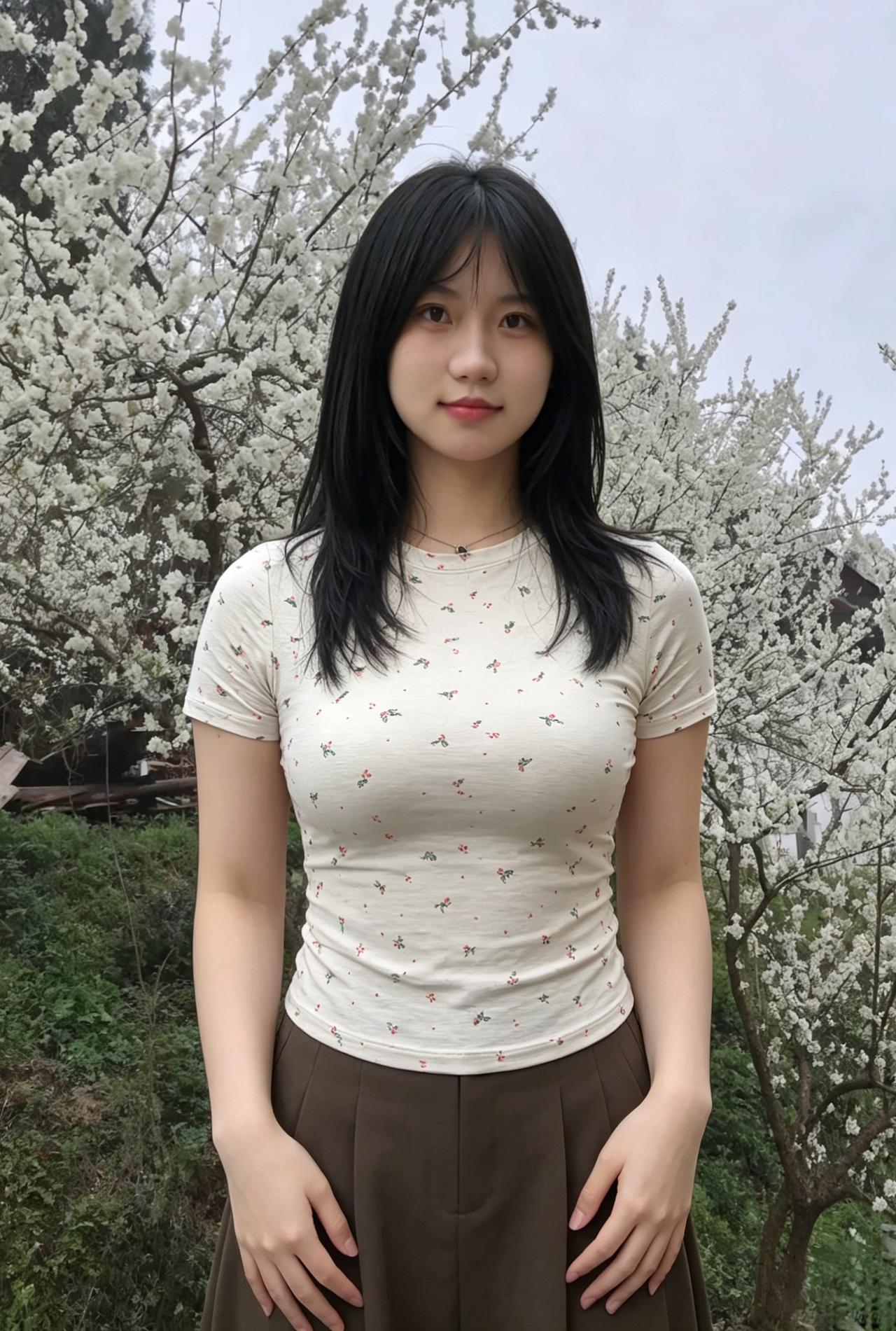 黑发如瀑映春阳，素衣碎花衬玉章。一树梨花轻似雪，风前立影胜春光。