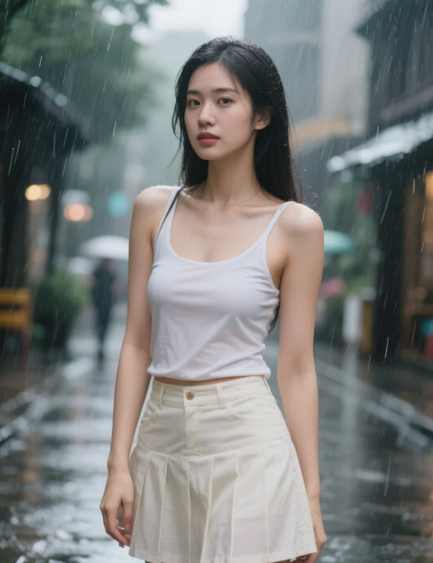 雨中的亚洲美女，街头上演清新脱俗写真