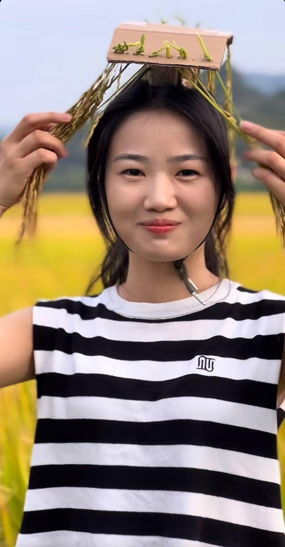 小姐姐用稻穗和纸皮做的皇帝冕，这个创意满分。​​​