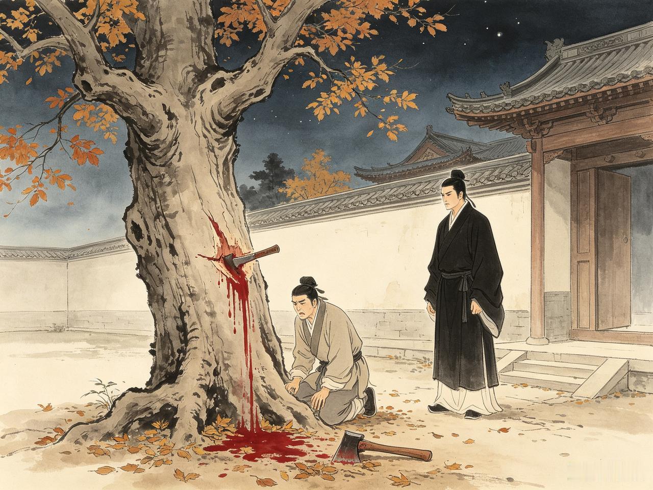 唐朝窦宽买了个园子想装饰一新，便用斧子砍一棵老槐树，没想到树里流出鲜红血色液体，