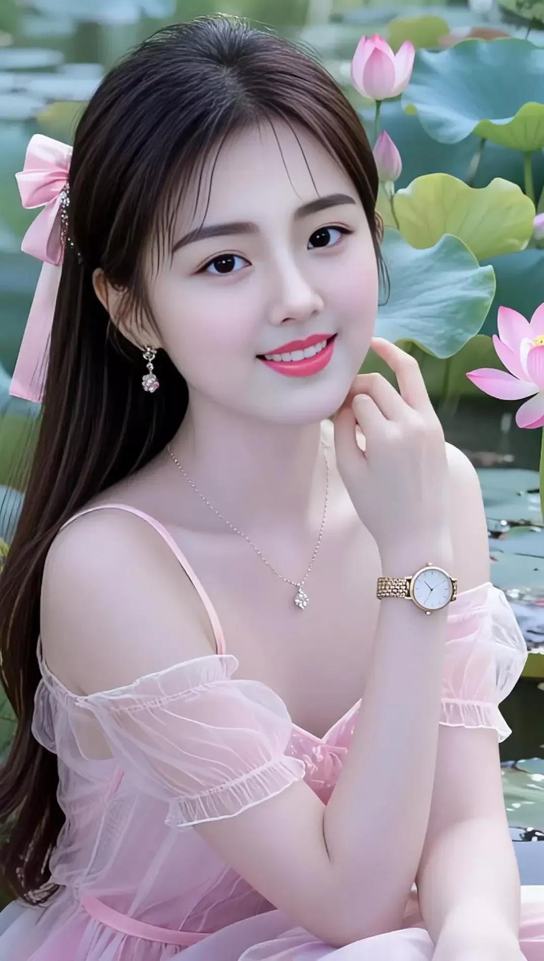 粉嫩少女心，莲花池边的甜美少女湖边温柔少女甜粉花漾少女清透少女照少女心氛围