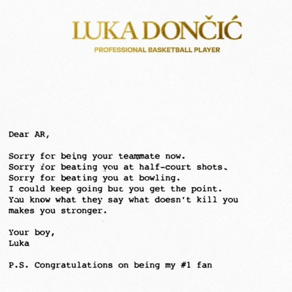 卢卡·东契奇给奥斯汀·里夫斯写了一封公开信：“很抱歉成为你的队友。恭喜你成为我的
