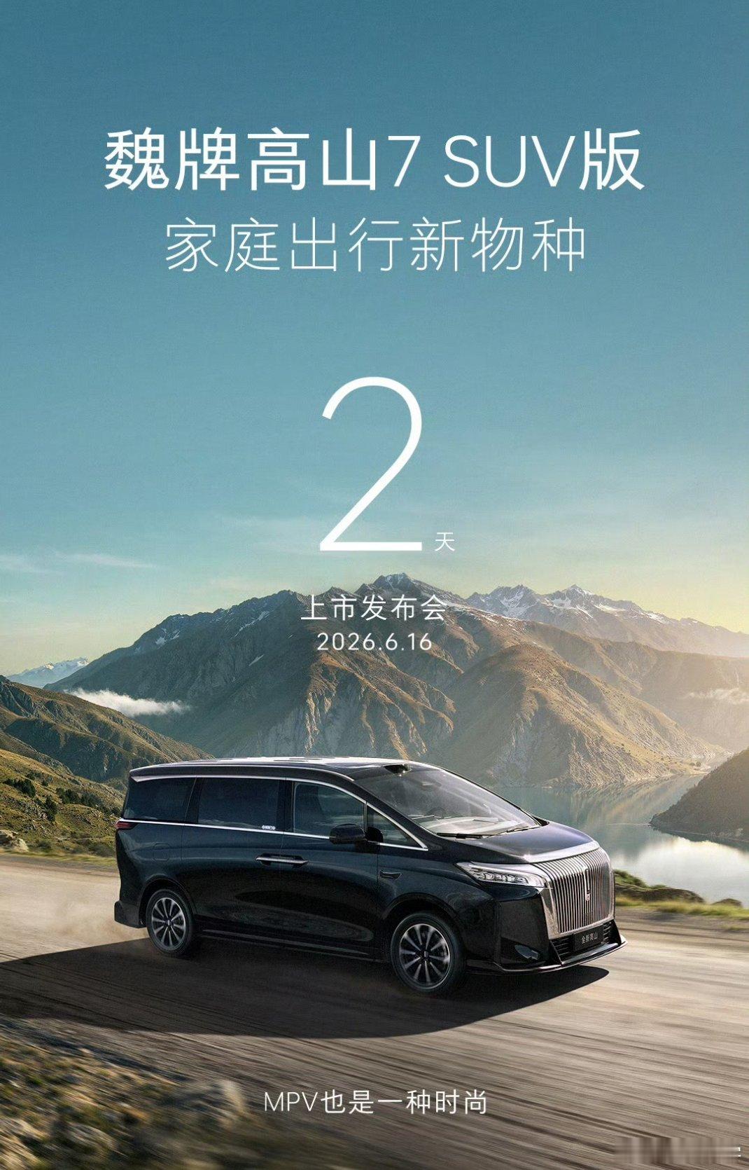 魏牌高山7，MPV，但是SUV版MPV造型基础上抬高底盘、放大尺寸。属于“MPV