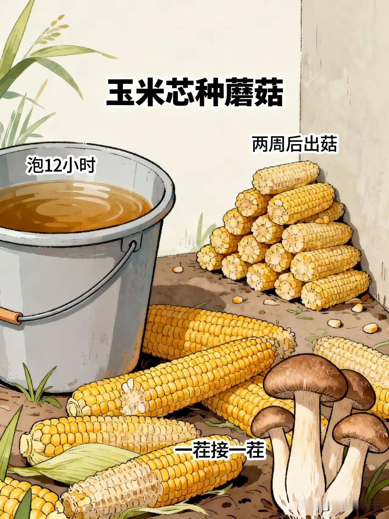 玉米芯泡白醋，12小时后堆墙角，两周后蘑菇自己冒出来藏在农村家家户户都有的废玉