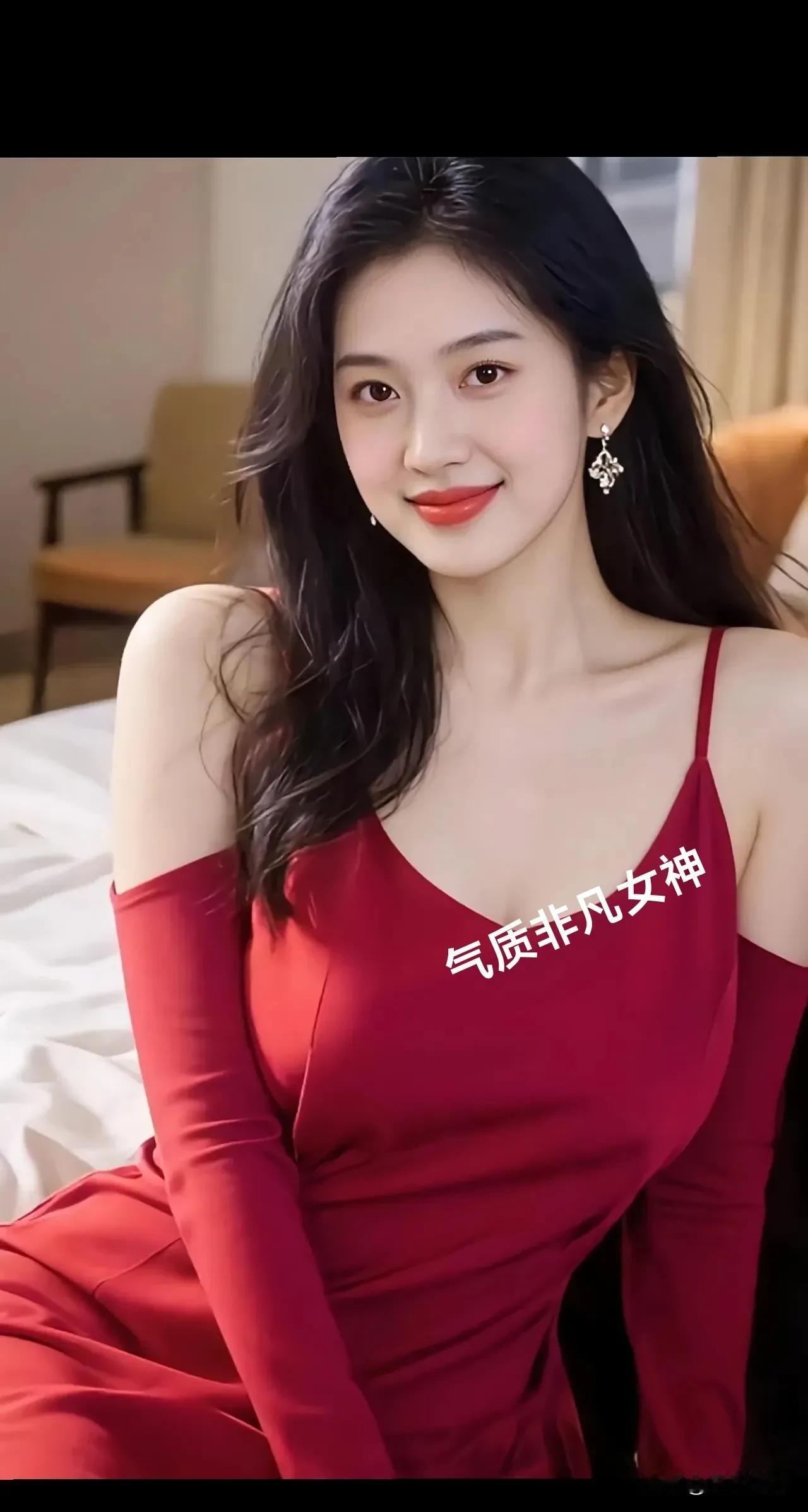 酒红色吊带裙衬得肌肤胜雪，露肩设计更添风情，耳畔银饰轻晃，她浅笑间将优雅与妩媚揉