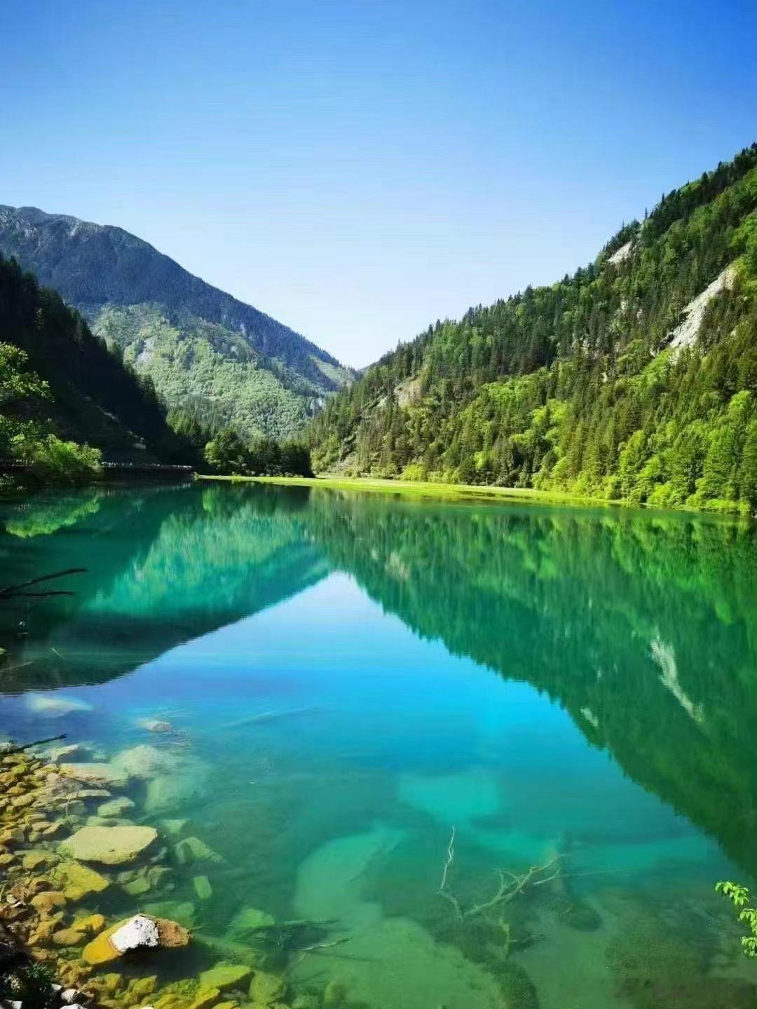 初夏的九寨沟静谧如画，阳光洒在青绿的山林间，斑斓海子与瀑布相互映照，每一步都是风