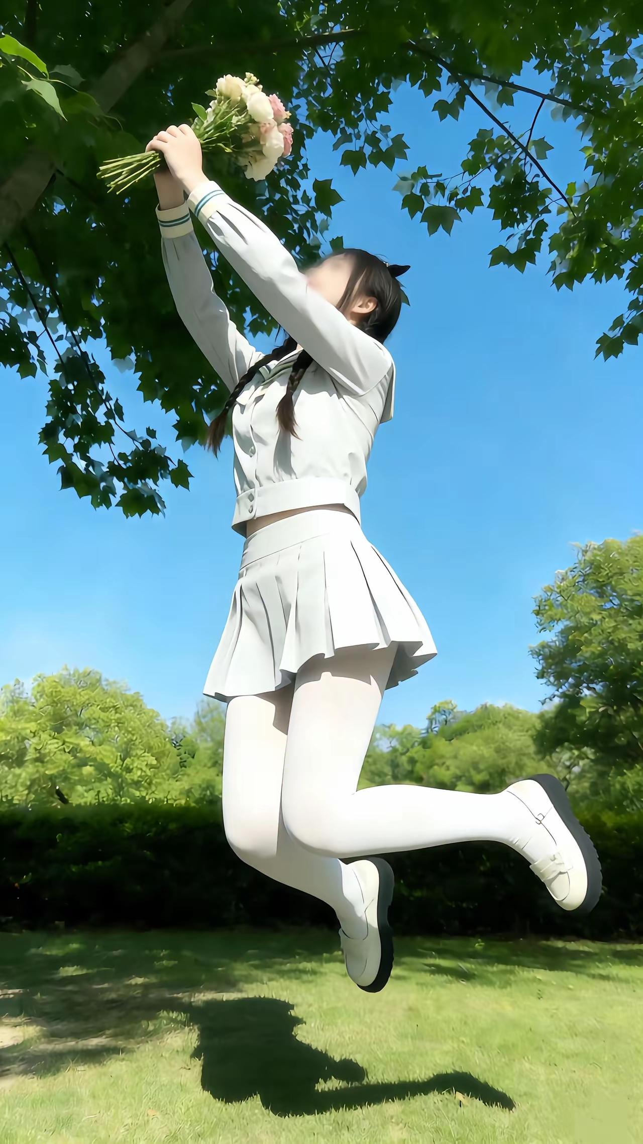 少女在阳光下跳跃，手捧鲜花，青春洋溢！🌸💃🌞