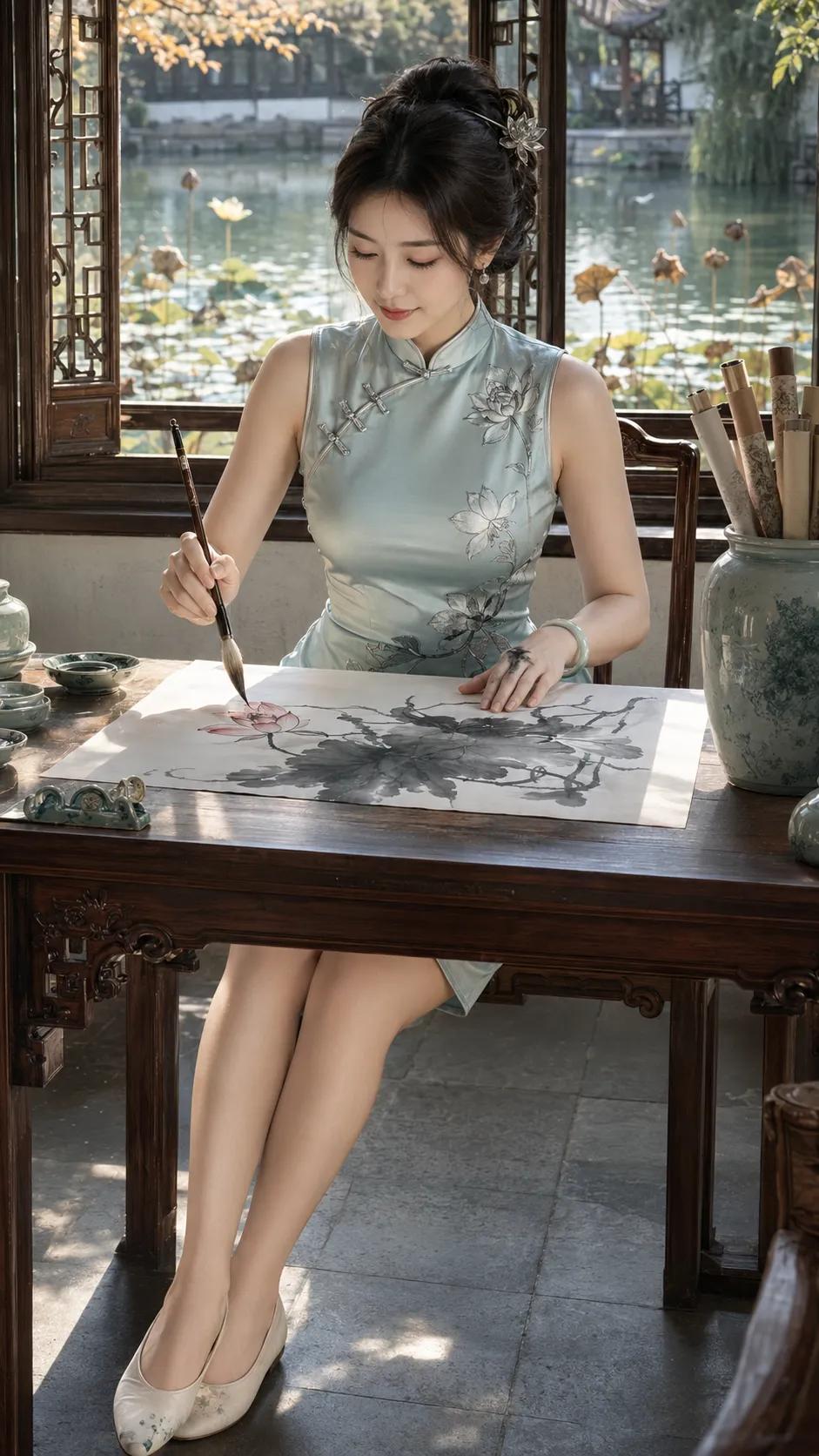 一袭浅青色旗袍，无袖剪裁衬得肩颈线条如凝脂般流畅，盘扣轻系间，是东方女子含蓄的性