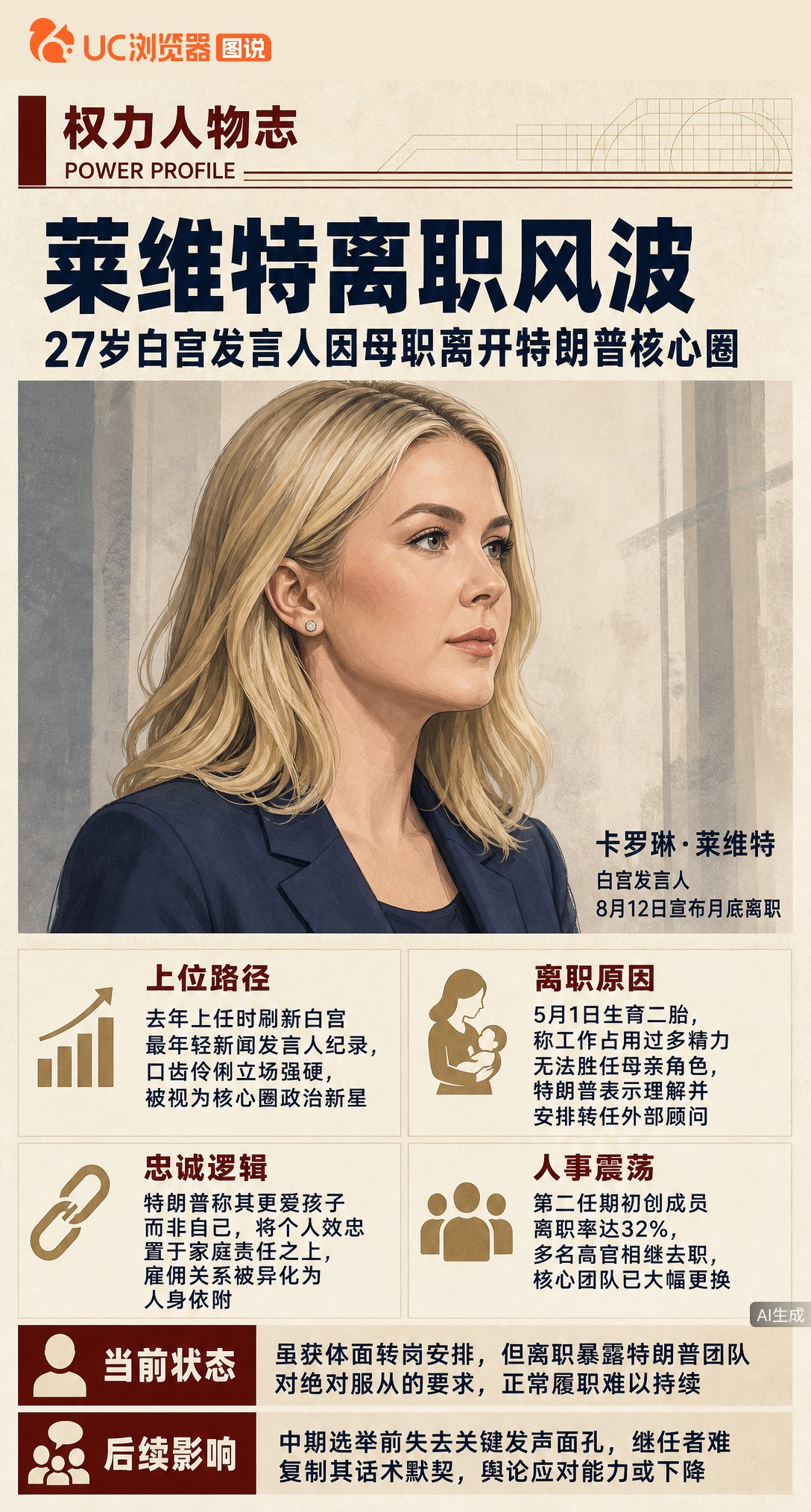 27岁白宫发言人莱维特月底离职，特朗普夸完却调侃她更爱孩子。表面体面分手，实则暴露核心圈潜规则：个人