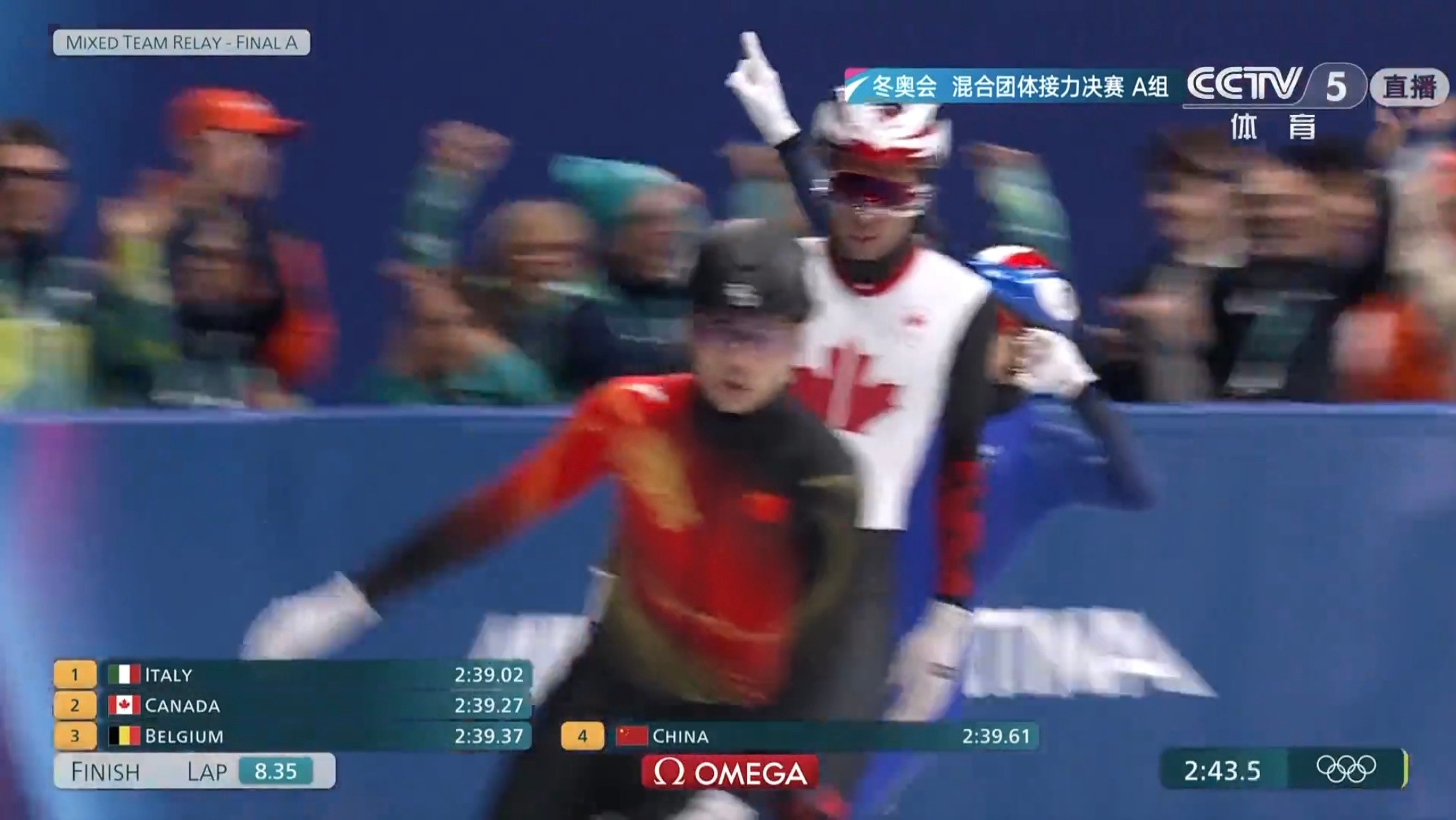 中国短道混接无缘奖牌中国短道队混接第四一瞬间中国队就从第一位掉到第四位，都没