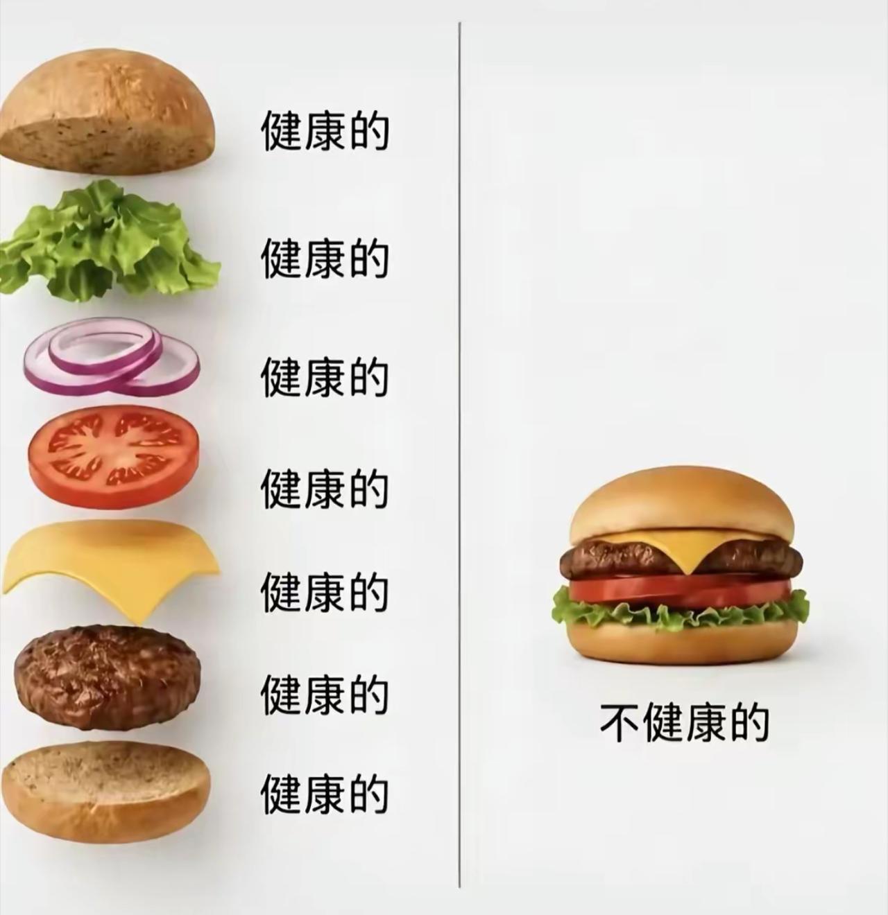 拆开分层全是健康食材，面包、生菜、洋葱、番茄、芝士、肉饼样样健康，可只要组装成完