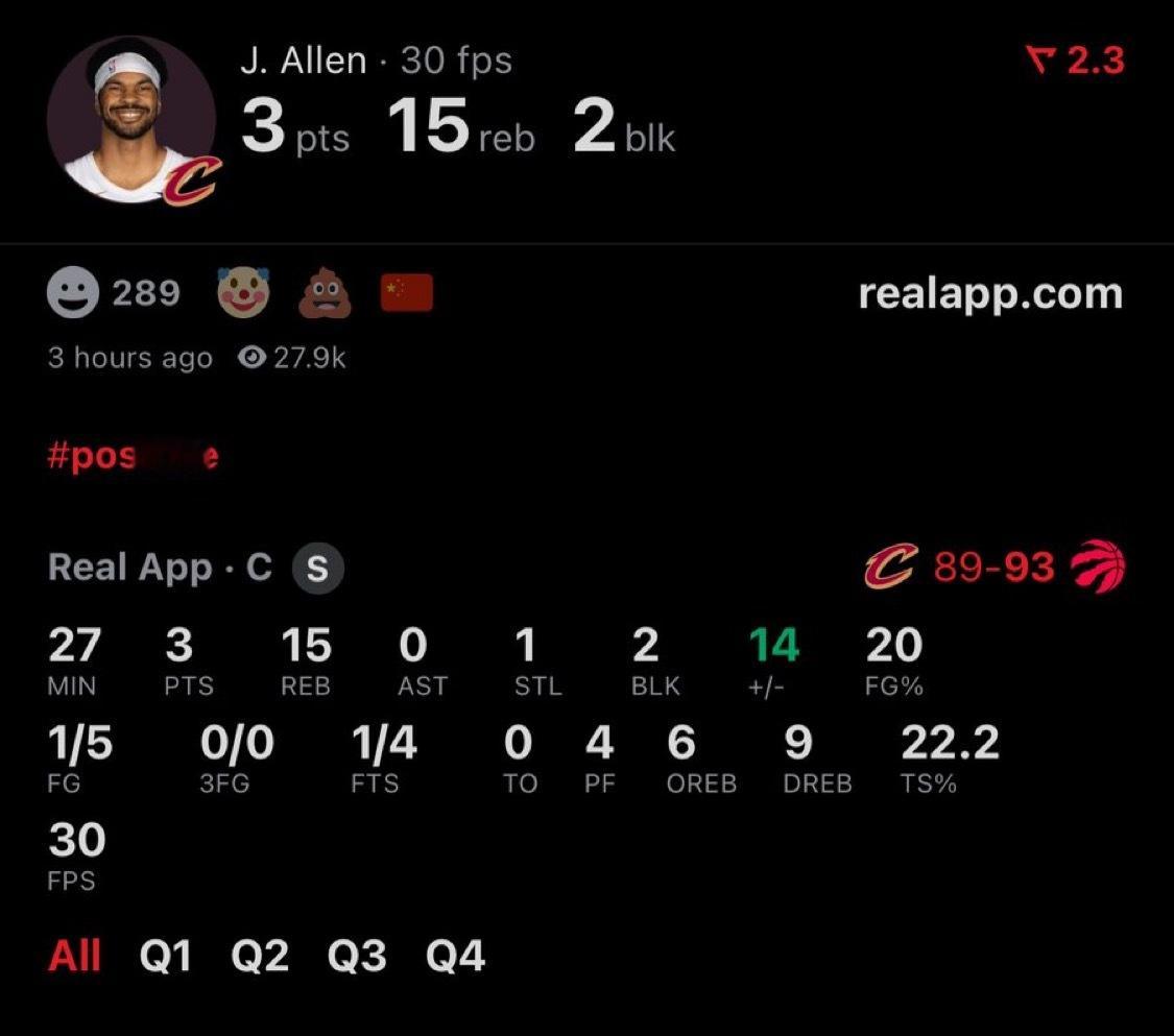 骑媒：贾勒特·艾伦全场正负值为+14，全队最高。他在比赛还剩4分钟、球队领先8分