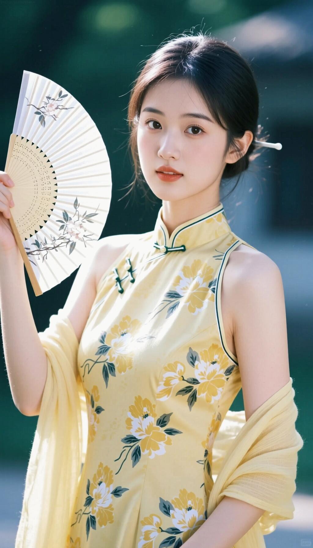 古典优雅，黄衣少女手持折扇，韵味十足