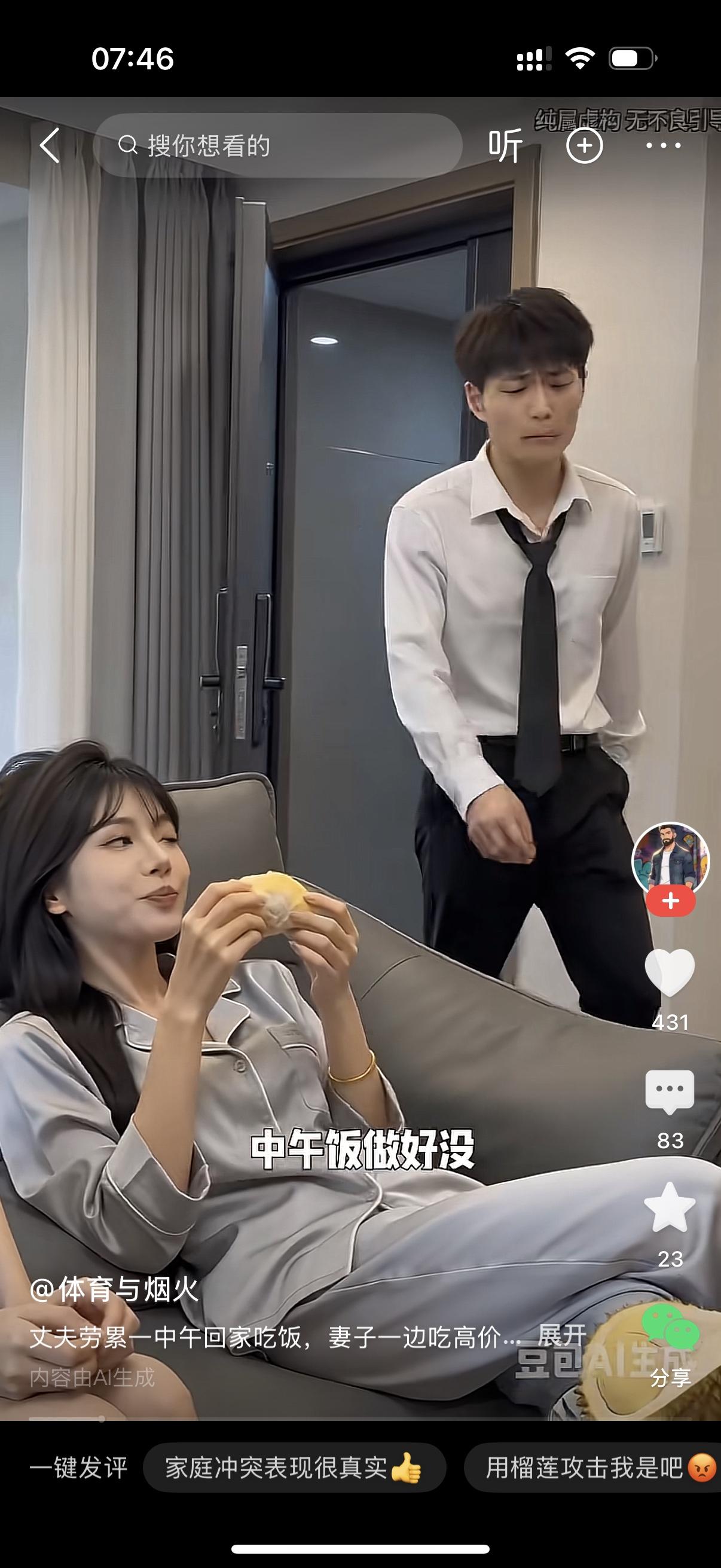 男人拖着一身疲惫回到家，问躺在沙发上吃着榴莲的老婆，中午饭做好没？女人竟说，做饭