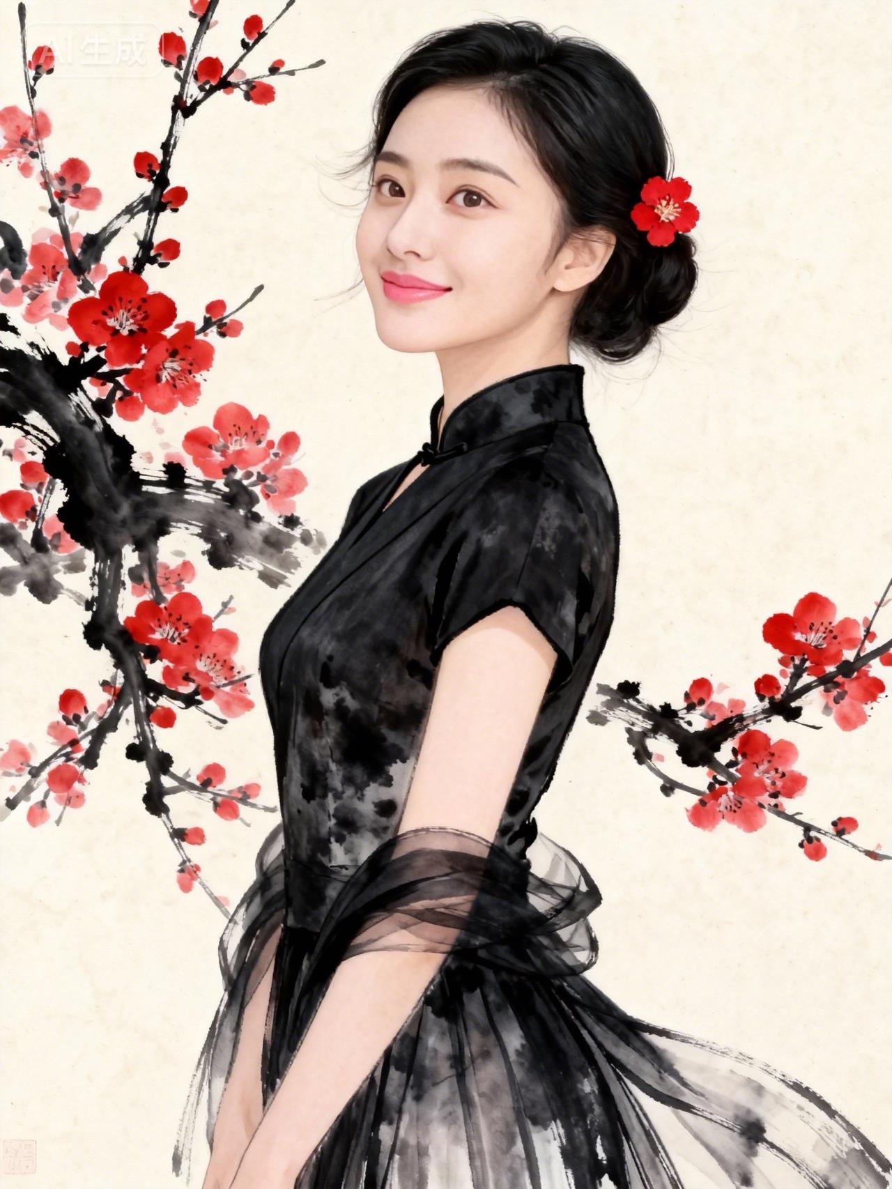 东方美人与红梅相映成趣，古典与现代完美融合。