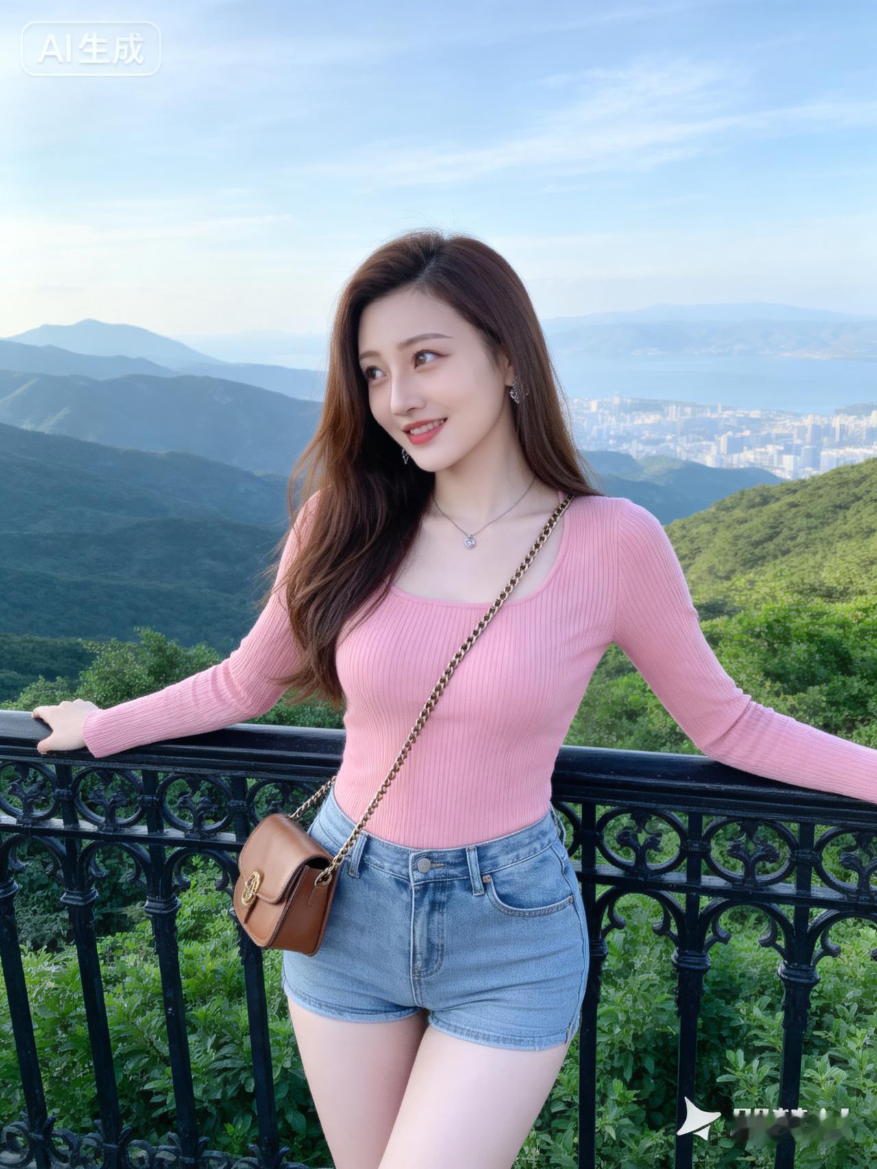 少女心爆棚的粉色毛衣搭配牛仔短裤，在山间美景中打卡🌿💖