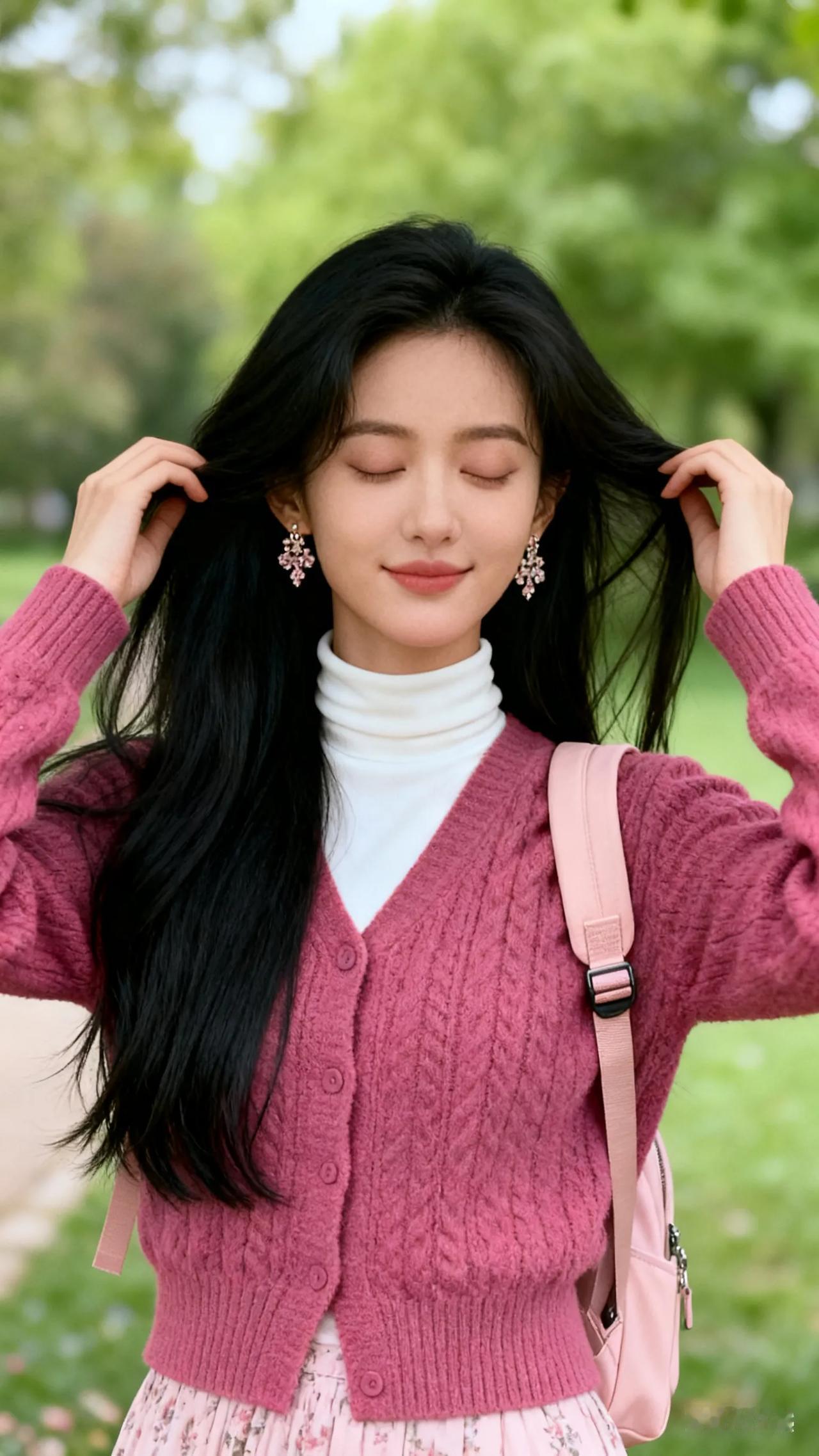 甜美校园风，粉色毛衣搭配白色高领衫，少女心满满！💕📚