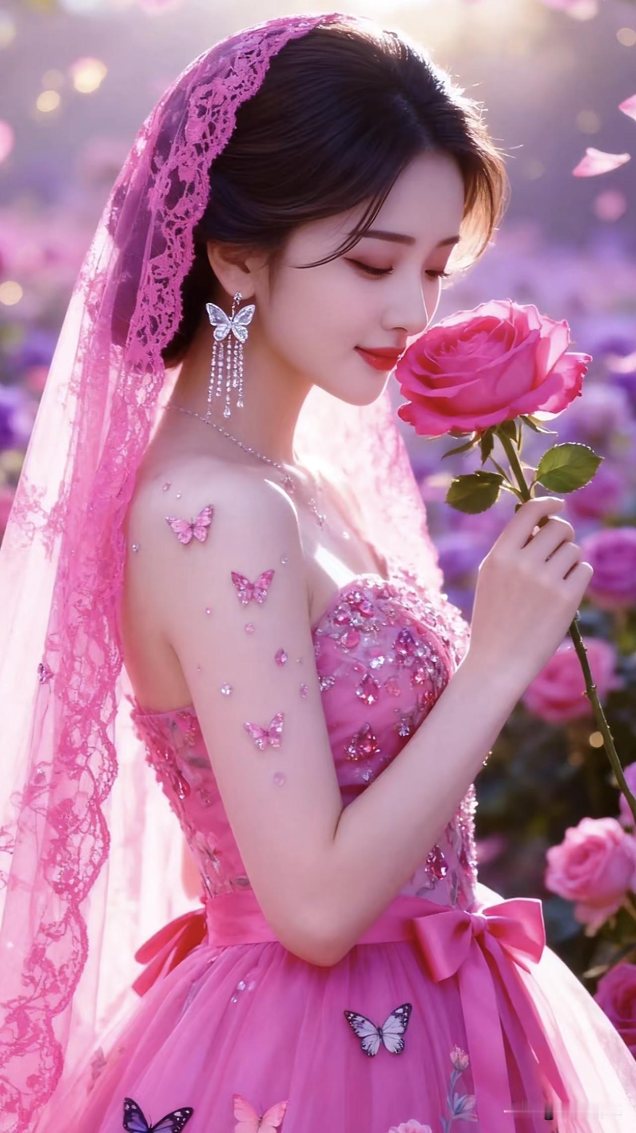 梦幻粉裙公主，花海中的甜美少女粉裙花束少女粉裙子的小公主温柔粉裙少女粉裙子