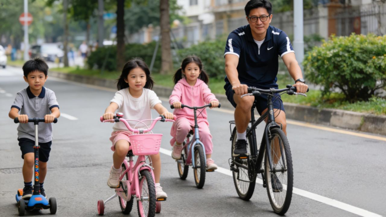 霍启刚南沙骑行遛三娃！无保镖穿平价装，夫妻分工带娃适配圣诞亲子热近日，有网