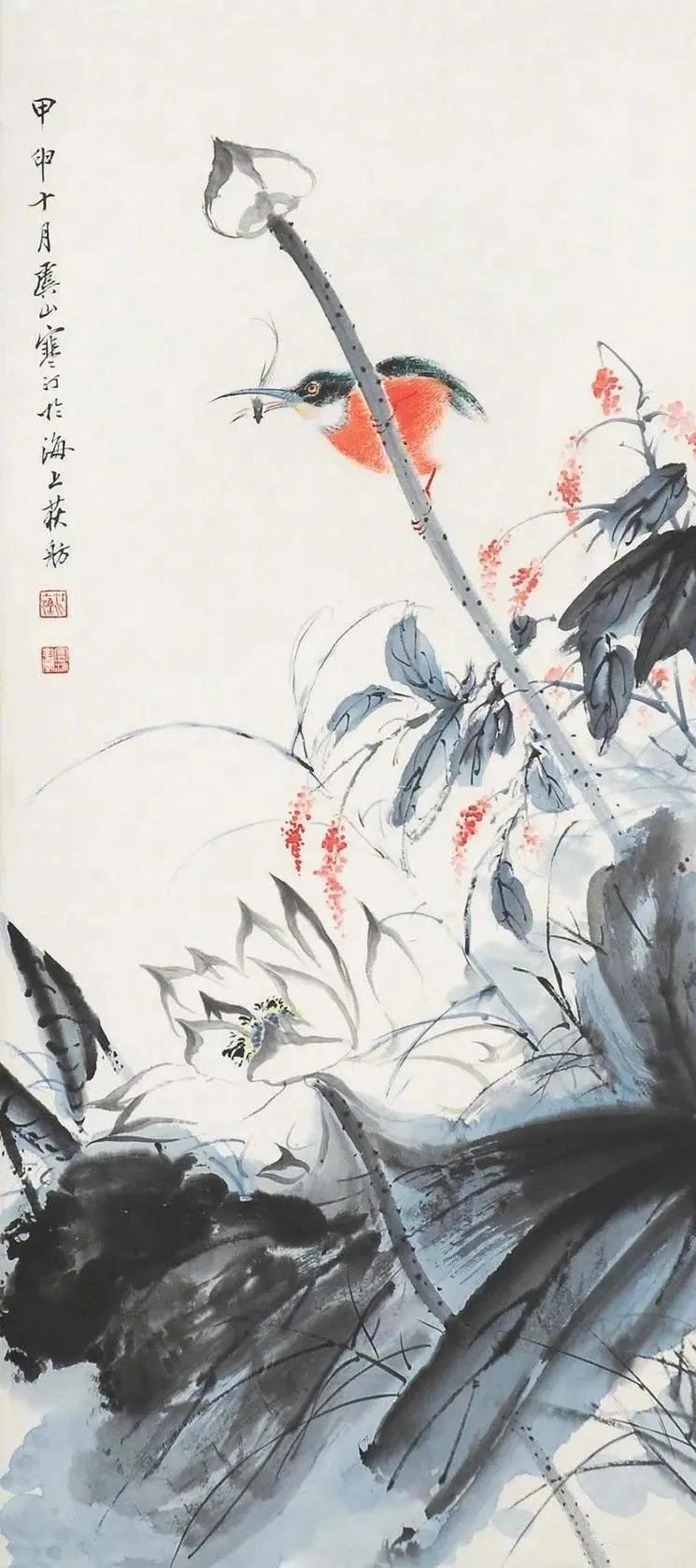 【江寒汀花鸟画荷花水鸟翠鸟鱼蛙虾蟹】江寒汀（1903--1963），名上渔