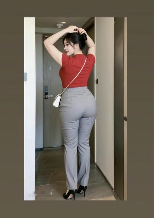 〔欣赏图片〕图中画面真有趣；美女出门真自信；小包一背美滋滋；红衣紧裤穿在