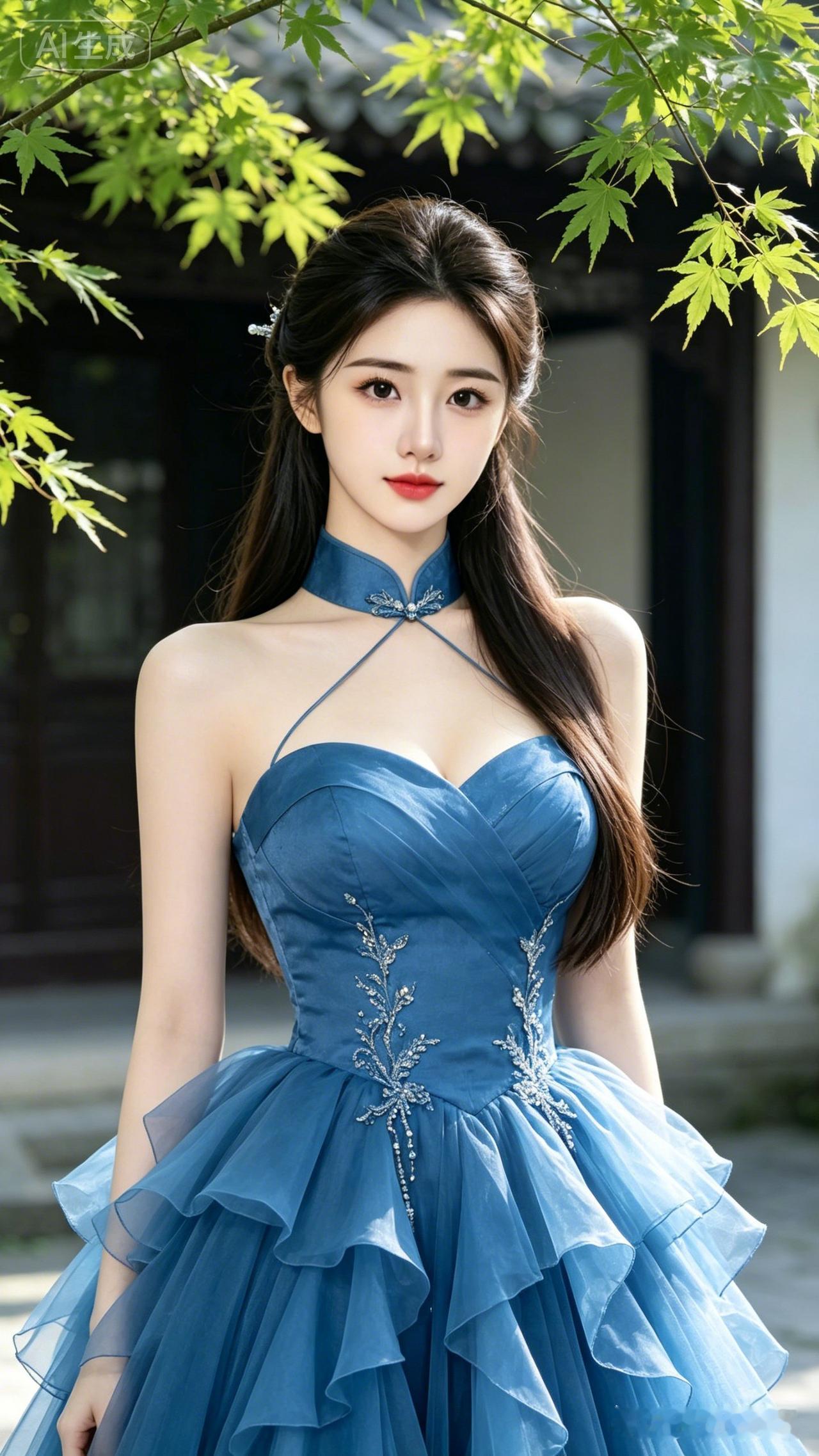 十八岁少女棕发半扎披肩，奶油冷白皮细腻柔润。蓝色新中式层叠礼服温婉大气，身姿曼妙