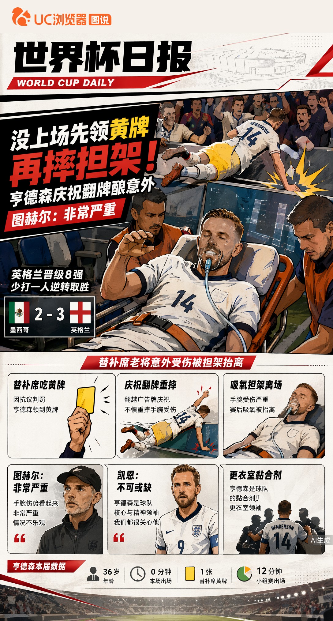 没上场先领黄牌再摔担架！亨德森庆祝翻牌酿意外，图赫尔：非常严重