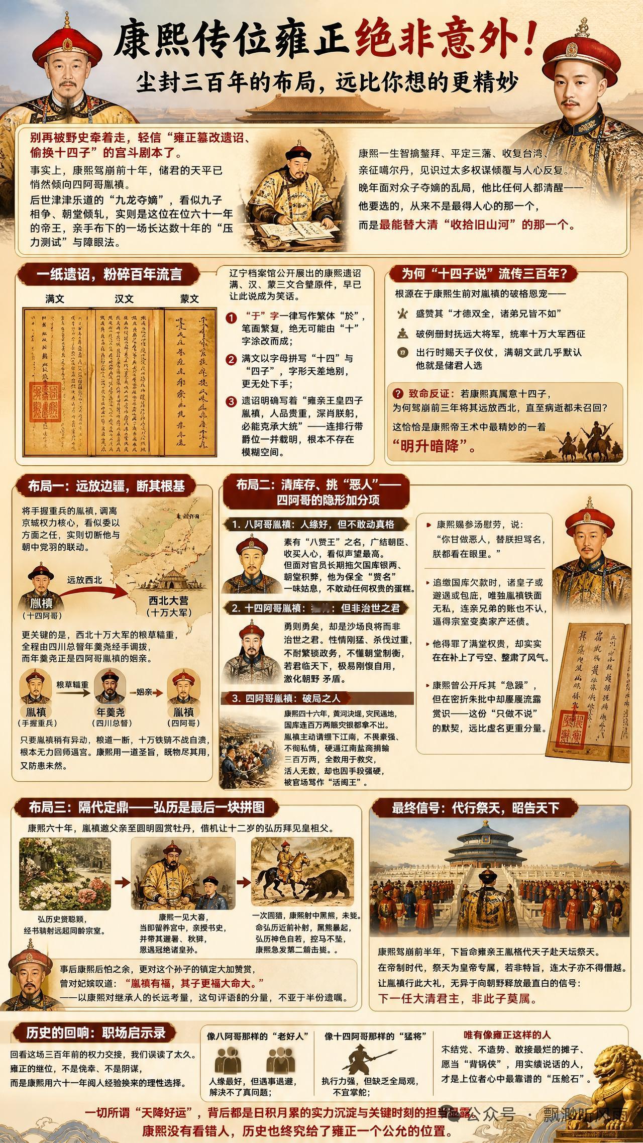 康熙传位雍正真的绝非偶然。康熙六十一年畅春园那一幕，满朝文武都等着八阿哥胤禩接