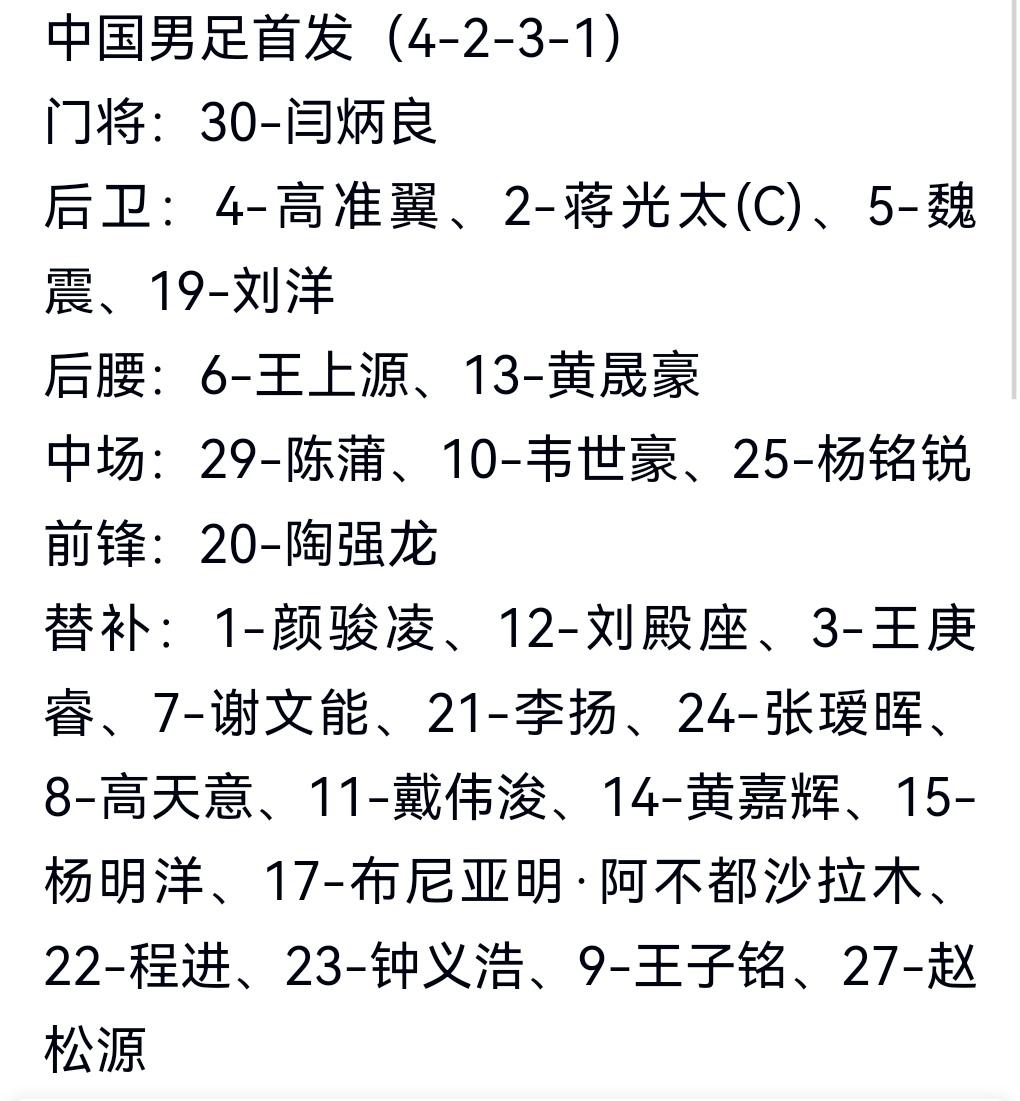 国足首发出炉！津门虎门将首次来到首发！足以体现邵佳一在门将位置通过比赛来考察！三